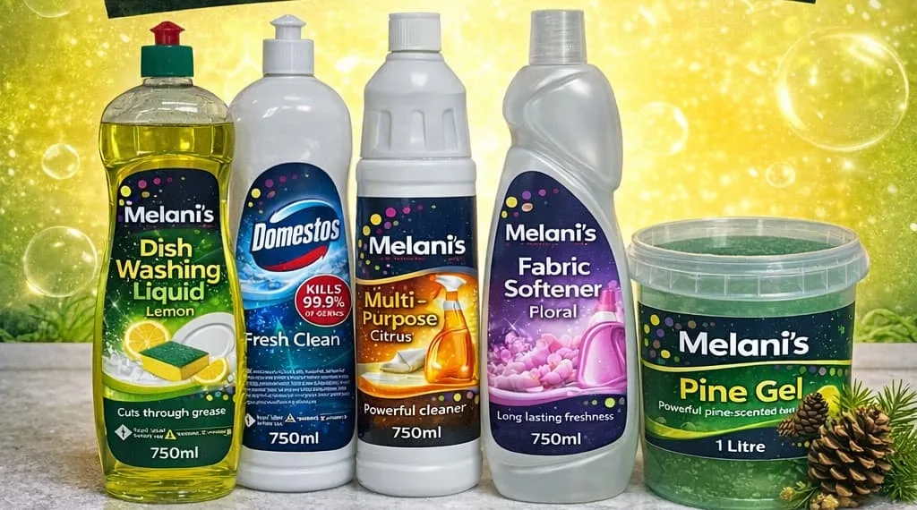 Melani's dishwashing liquid, bleach, pine gel, and fabric softener products
