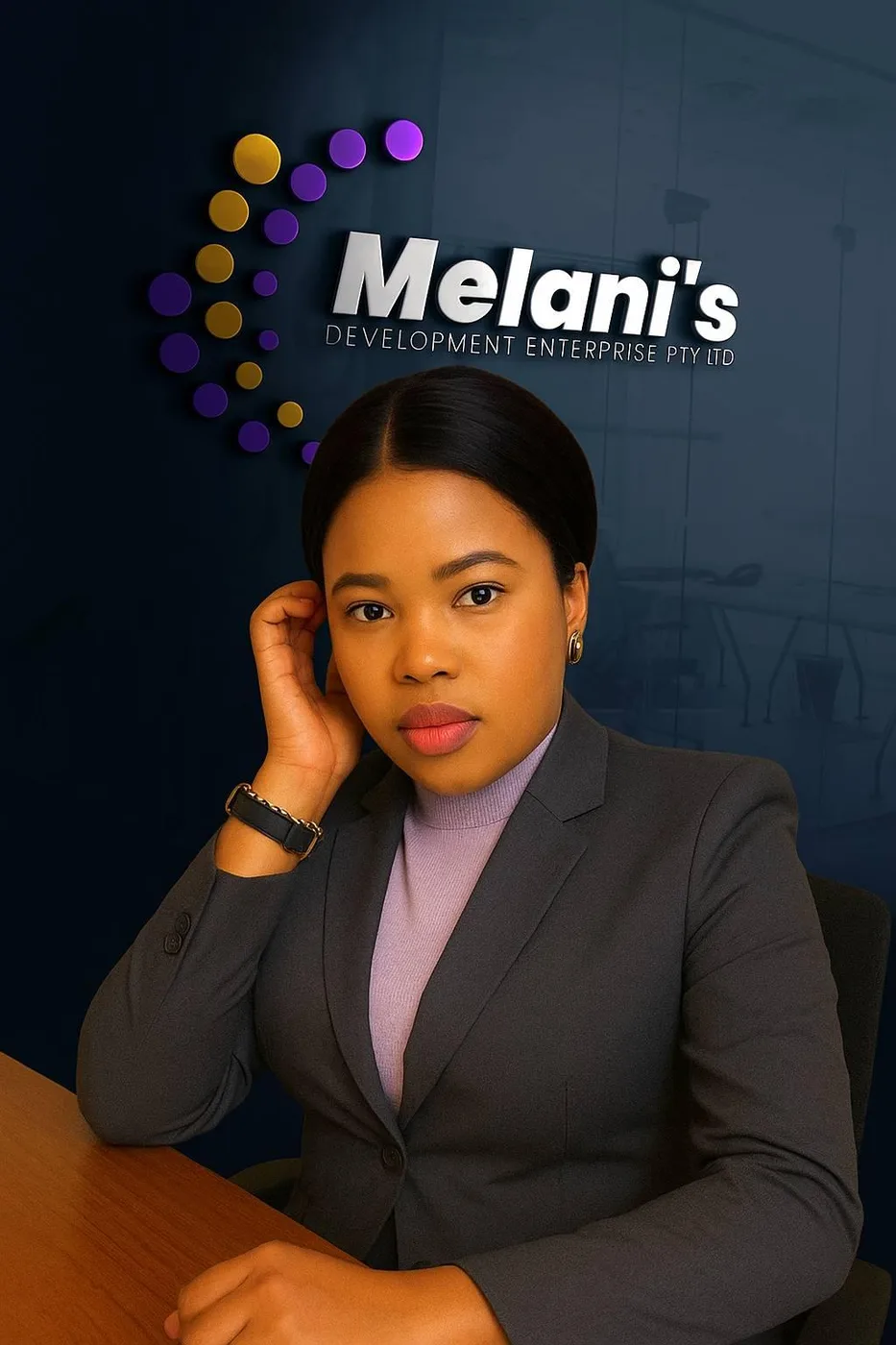 Founder of Melani's Development Enterprise seated in front of company branding