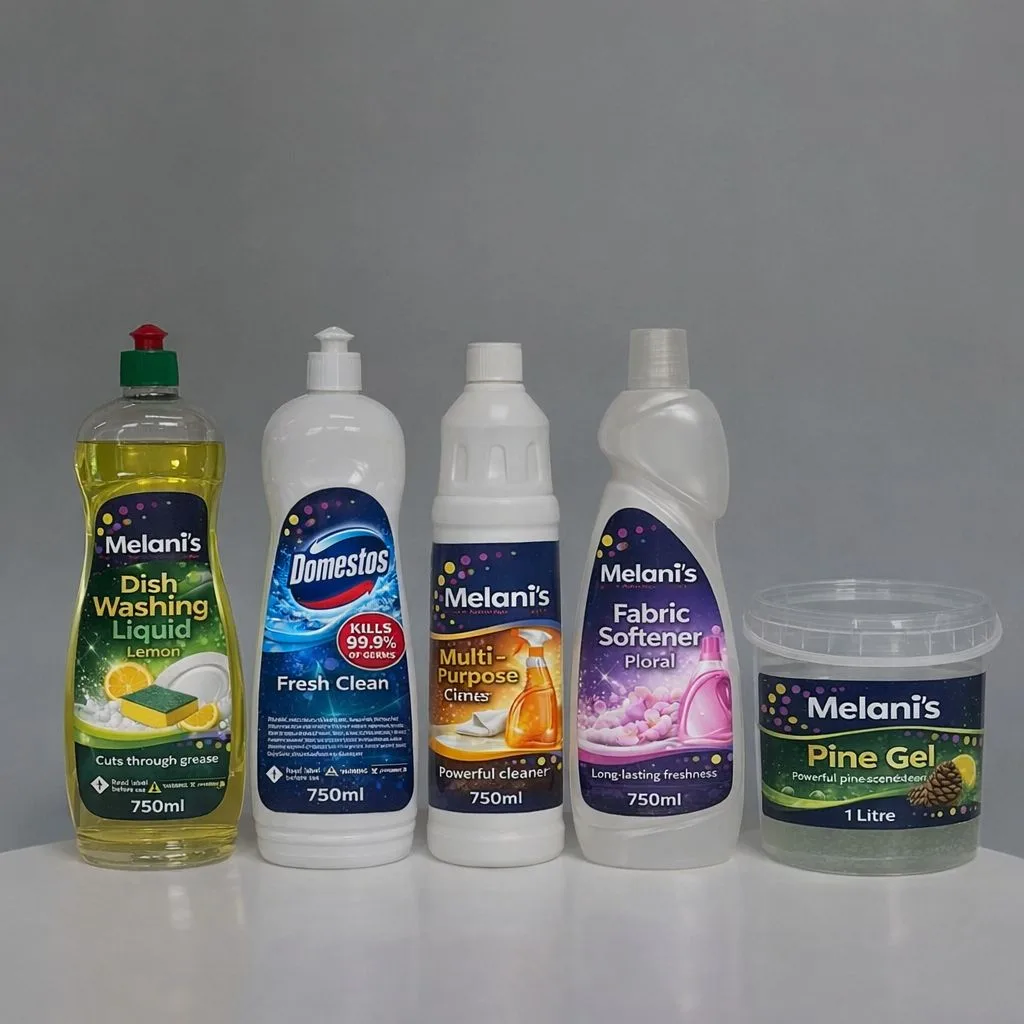 Melani's product lineup on a neutral background