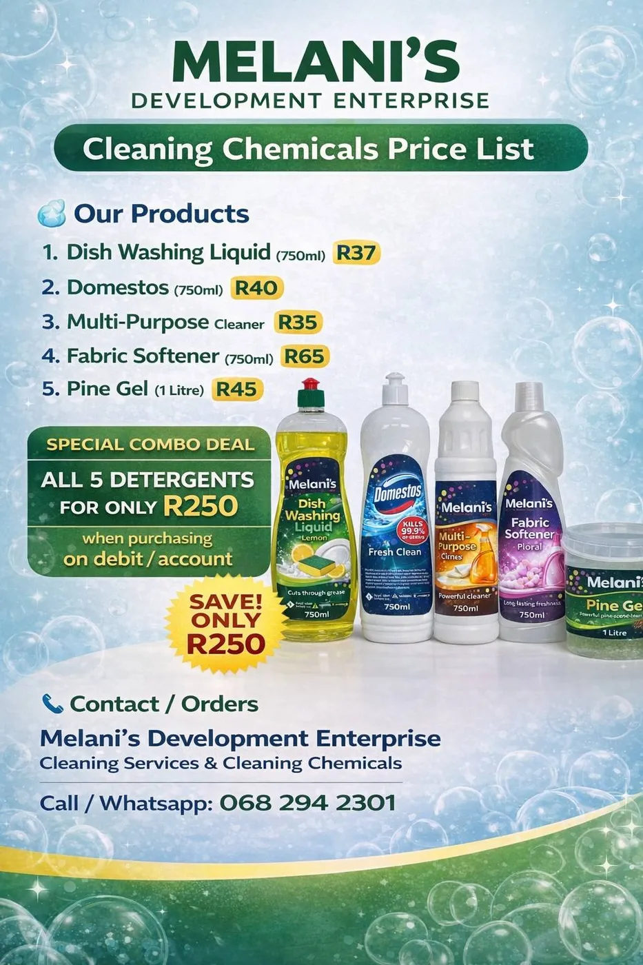 Melani's product price list graphic